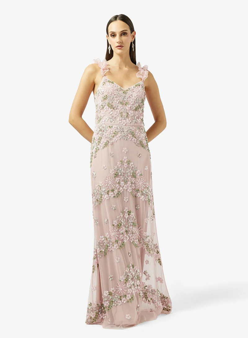 Ruffle Sleeve Floral Bead Embellished Evening Gown